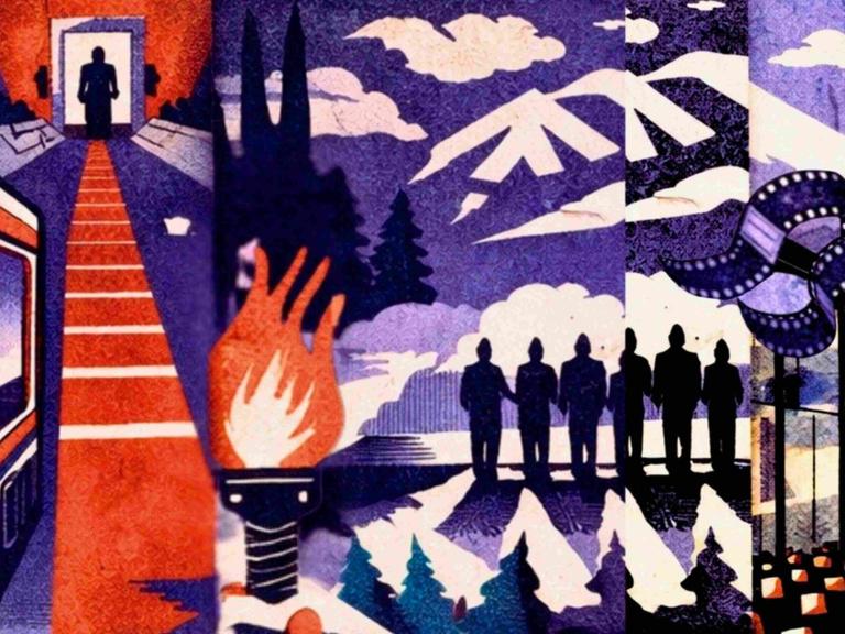 Geteiltes Bild: Ein Mann blickt eine Treppe herunter, daneben eine brennende Olympia-Fackel und Filmrollen.