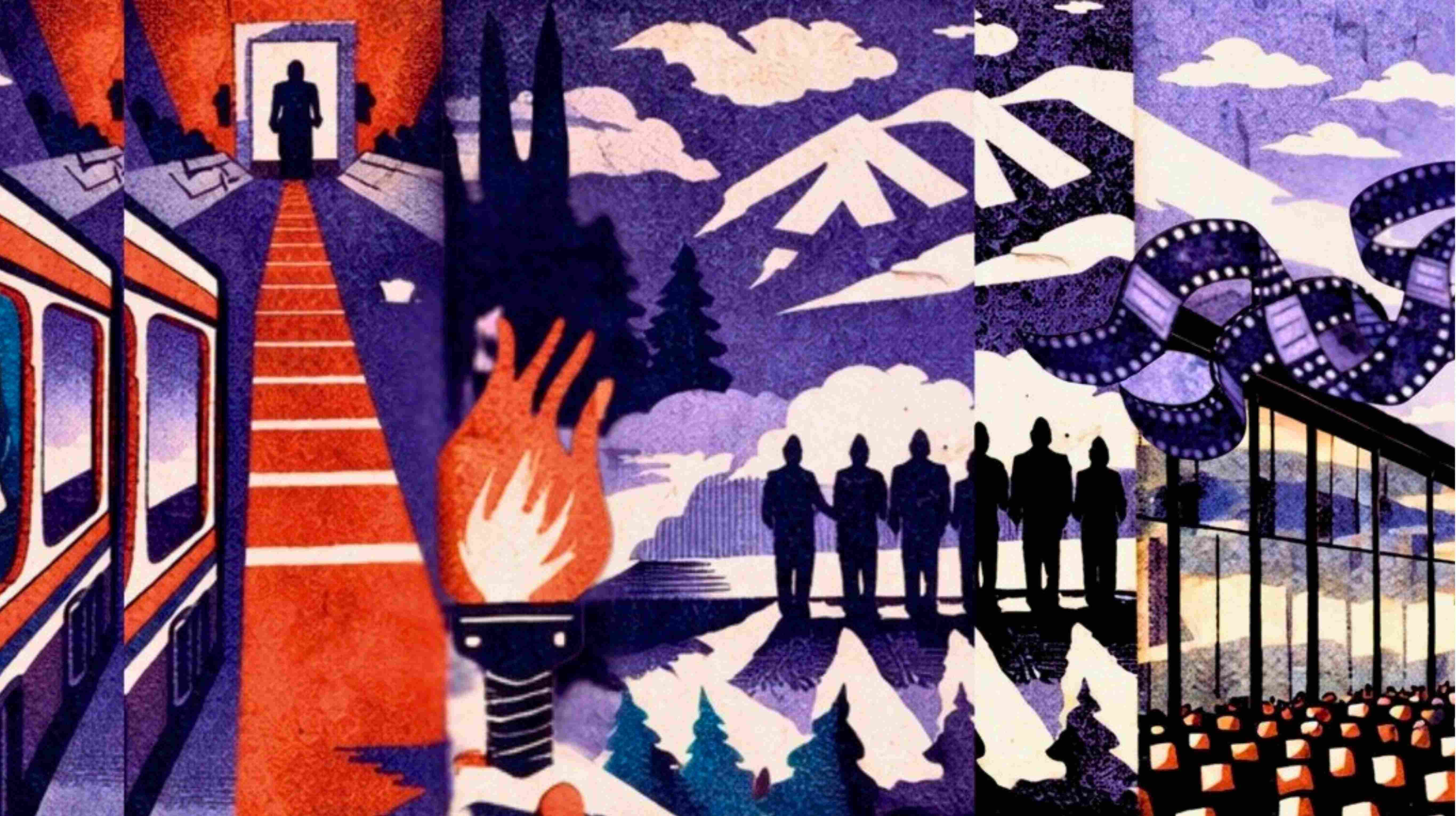 Geteiltes Bild: Ein Mann blickt eine Treppe herunter, daneben eine brennende Olympia-Fackel und Filmrollen.