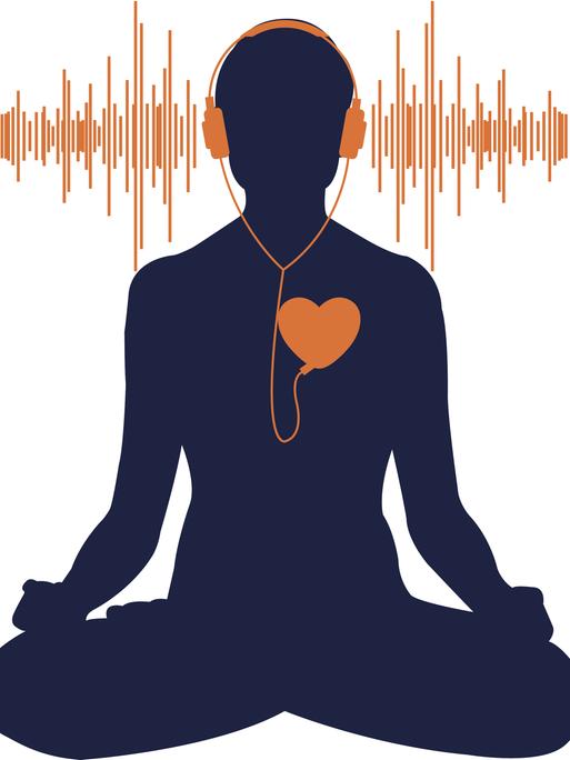 Illustration einer schematisch dargestellten Person, die Kopfhörer auf hat, die an das orange dargestellte Herz der Person angeschlossen sind. Vor dem weissen Hintergrund ist in orange eine Audiospur dargestellt.