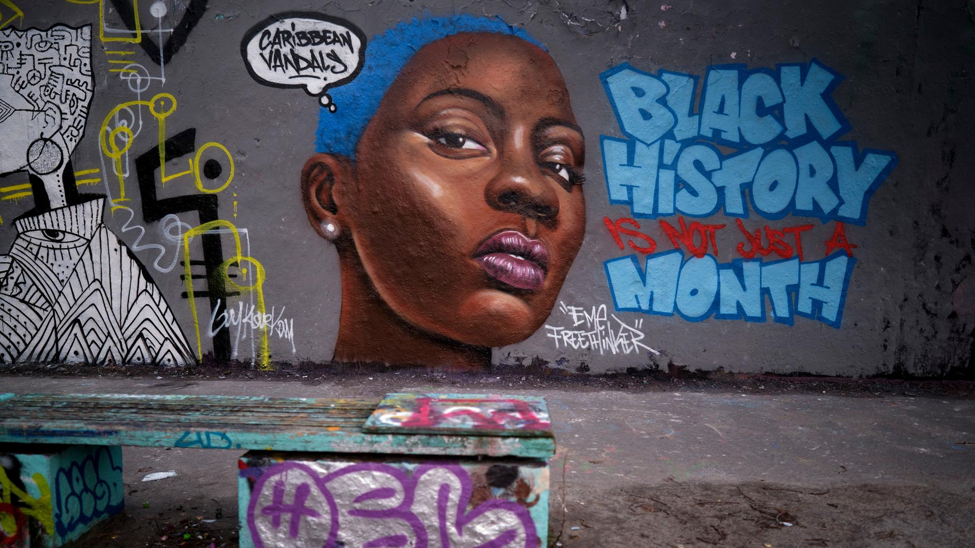 Auf einem Graffito im Berliner Mauerpark ist der Kopf einer schwarzen Frau und der Schriftzug "Black history is not just a month" zu sehen.