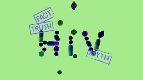 Grüner Hintergrund, zentral im Bild die Buchstaben HIV und Stempelabdrücke "Fact, Truth, Myth", Buchstaben lösen sich weiter auf