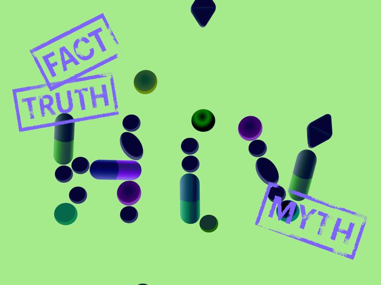 Grüner Hintergrund, zentral im Bild die Buchstaben HIV und Stempelabdrücke "Fact, Truth, Myth", Buchstaben lösen sich weiter auf