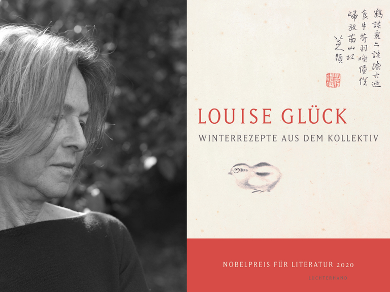 Ein Portrait der Schriftstellerin Louise Glück und das Buchcover ihres Romans "Winterrezepte aus dem Kollektiv"