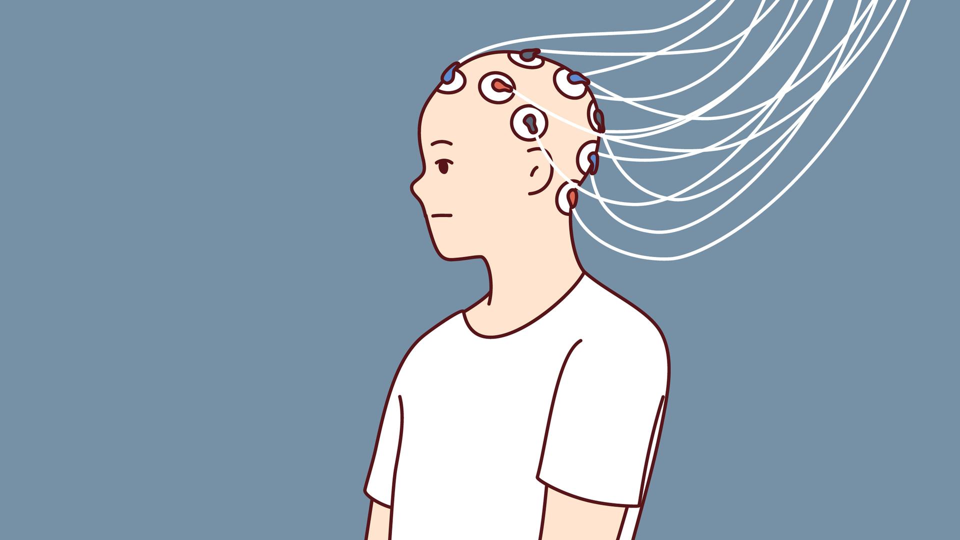 Eine grafisches Bild zeigt einen Menschen mit Elektroden am Kopf. Eine grafisches Bild zeigt einen Menschen mit Elektroden am Kopf.