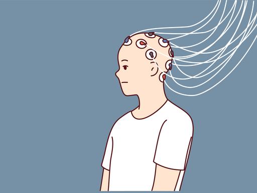 Eine grafisches Bild zeigt einen Menschen mit Elektroden am Kopf.