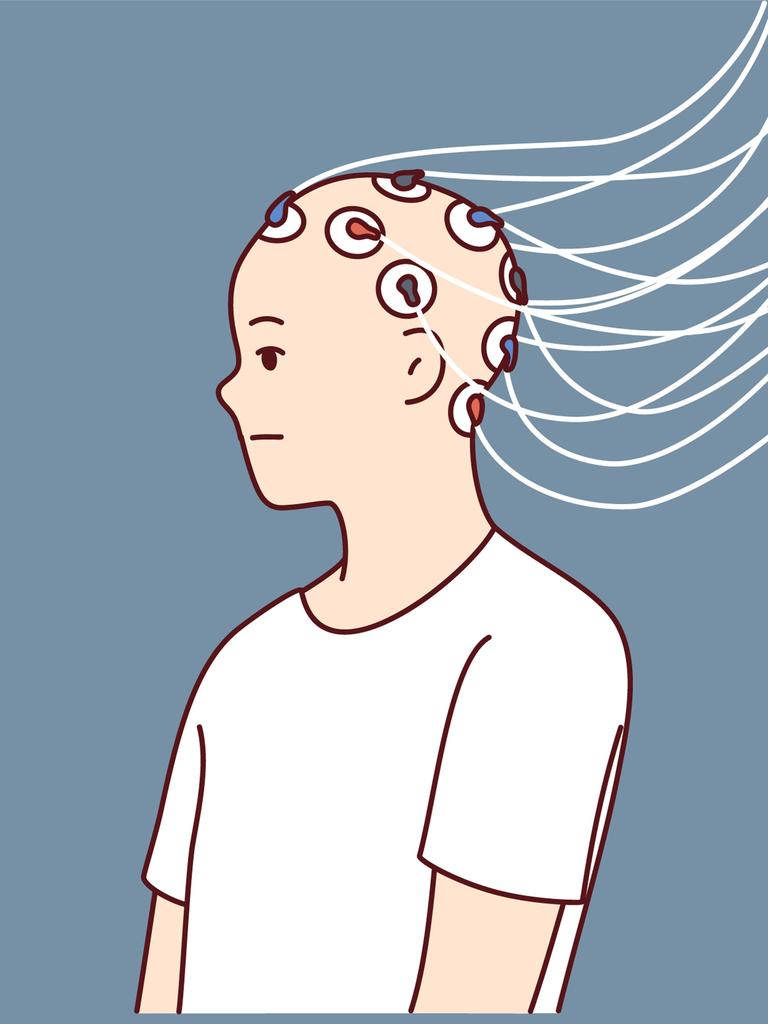 Eine grafisches Bild zeigt einen Menschen mit Elektroden am Kopf.