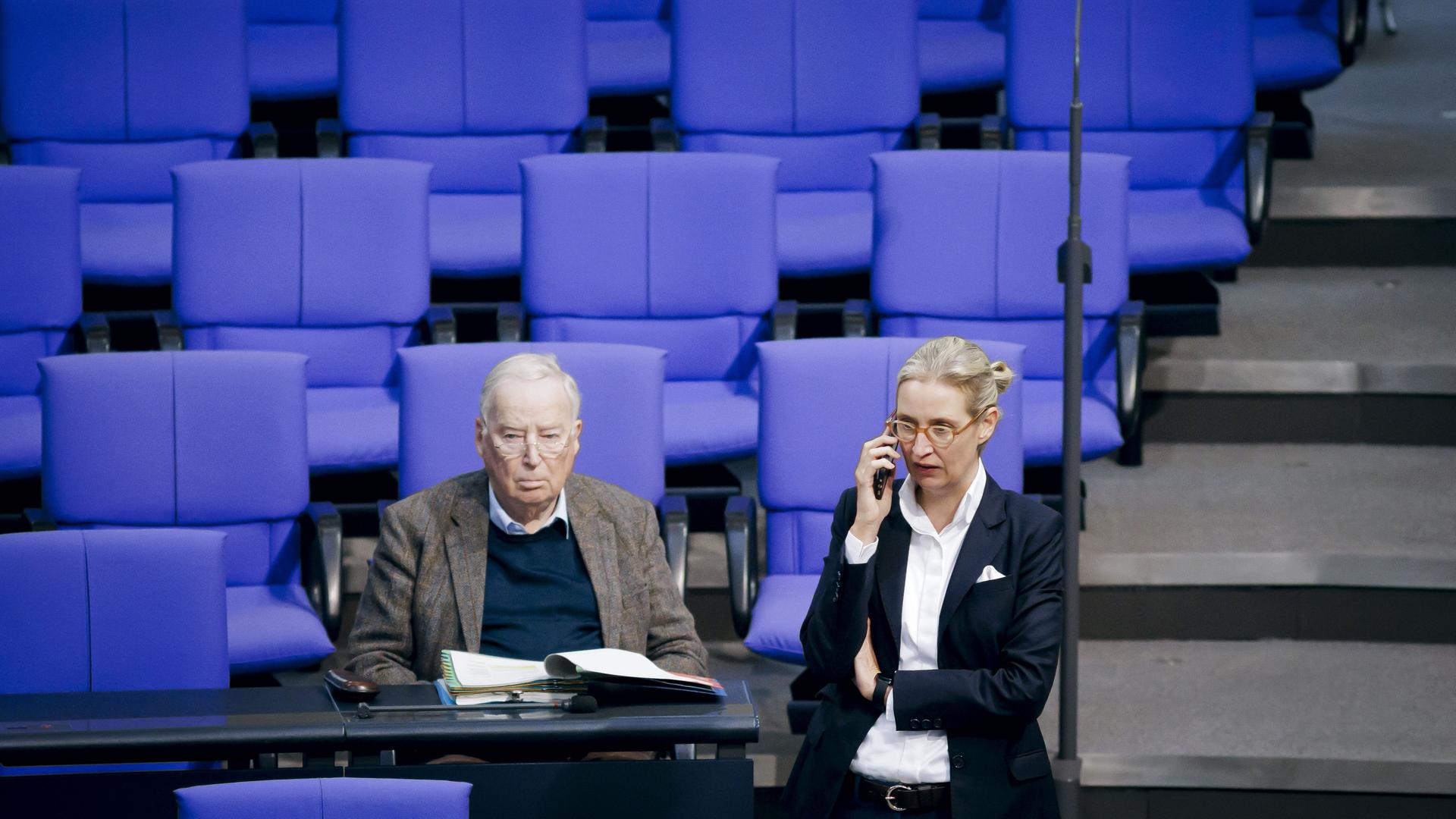 Alice Weidel, AFD, steht im Plenum des Bundestages neben Alexander Gauland, AFD. Im Hintergrund die blaue Bestuhlung.