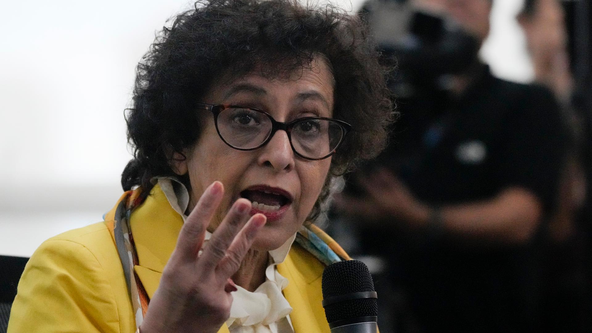 Irene Khan gestikuliert.