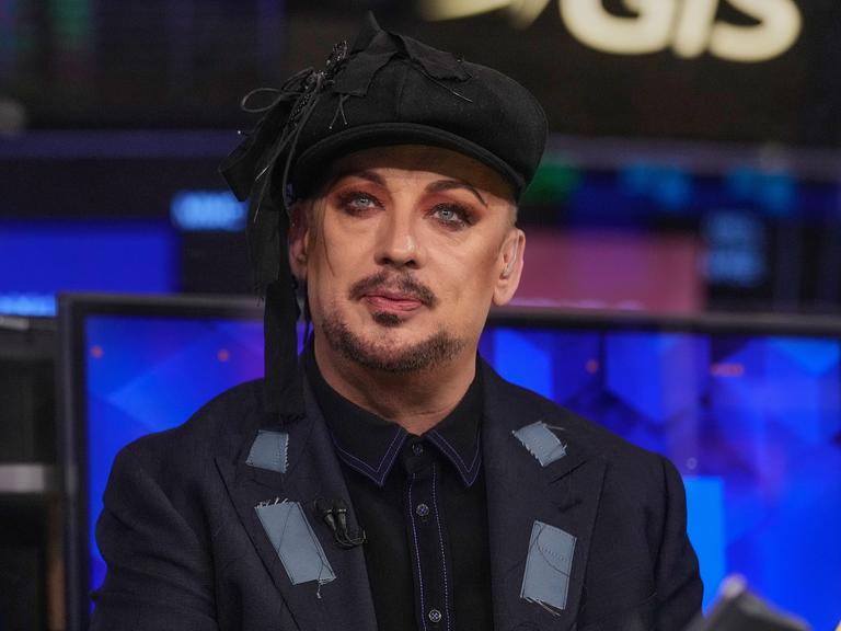 Singer Boy George is interviewed on the floor of the New York Stock Exchange, Monday, June 15, 2026. (AP Photo/Richard Drew)