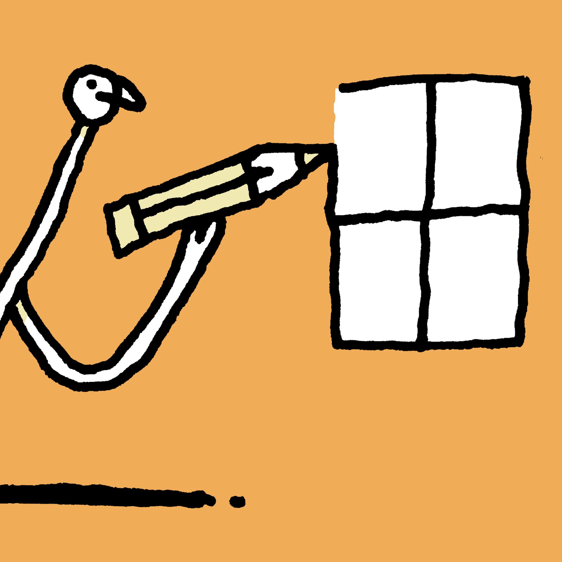 Eine Illustration von Dominik Wendland. Ein Wesen zeichnet mit einem Stift ein Fenster.
