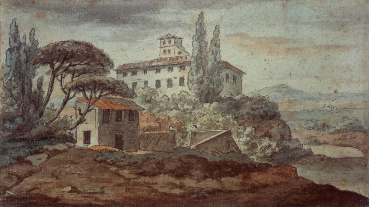 Auf dem gräulich-bräunlichen Bild sieht man das Landgut auf einem mit Bäumen bewachsenen Hügel.