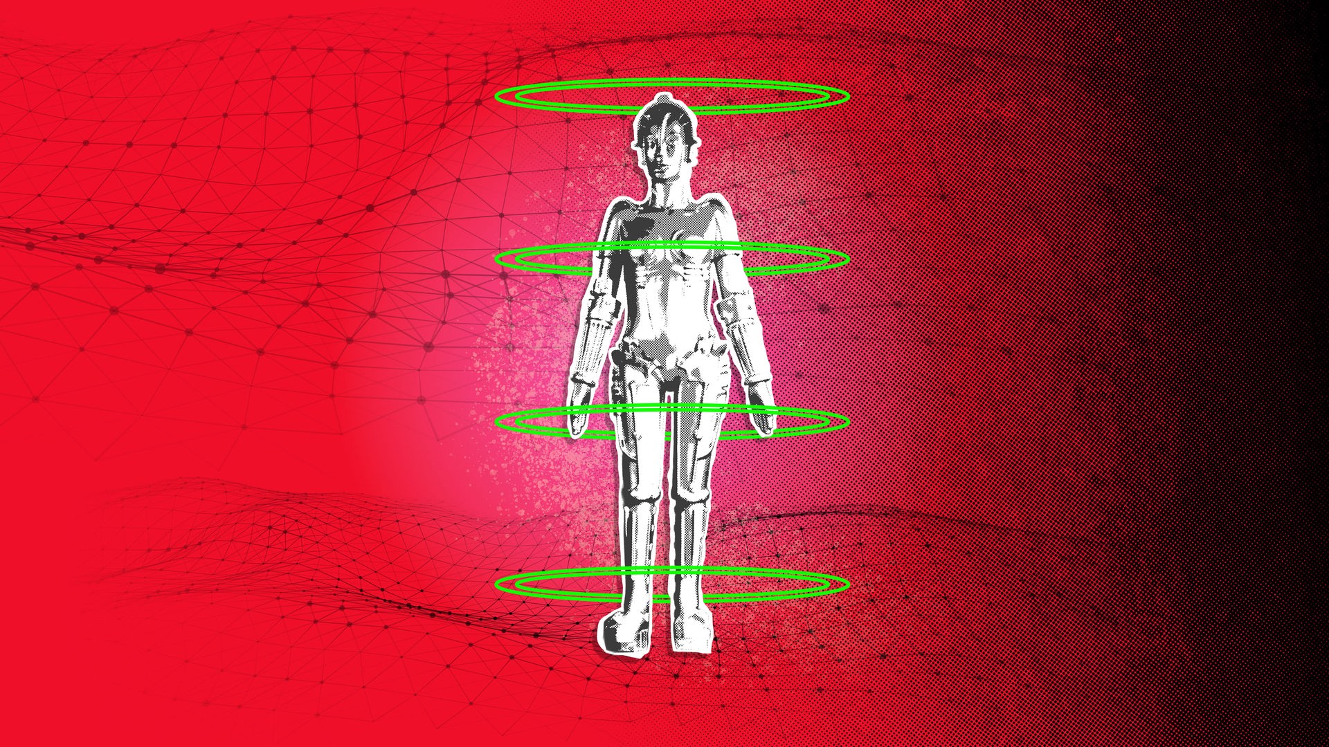 Der Maschinenmenschen aus dem Film "Metropolis" steht schwarz-weiß aufgerastert auf einem roten Hintergrund. Grüne Ringe umgeben ihn. Im Hintergrund ist ein Netz aus sich bewegenden Punkten und Linien. 