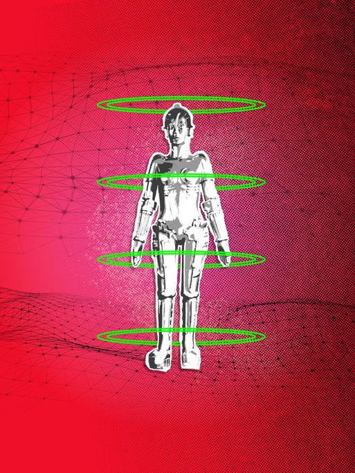 Der Maschinenmenschen aus dem Film "Metropolis" steht schwarz-weiß aufgerastert auf einem roten Hintergrund. Grüne Ringe umgeben ihn. Im Hintergrund ist ein Netz aus sich bewegenden Punkten und Linien. 