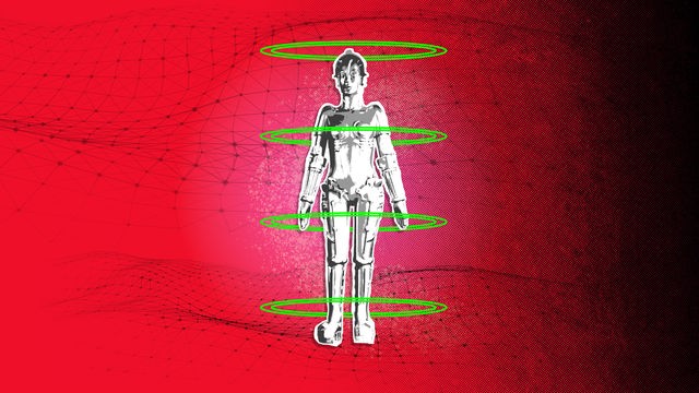 Der Maschinenmenschen aus dem Film "Metropolis" steht schwarz-weiß aufgerastert auf einem roten Hintergrund. Grüne Ringe umgeben ihn. Im Hintergrund ist ein Netz aus sich bewegenden Punkten und Linien. 