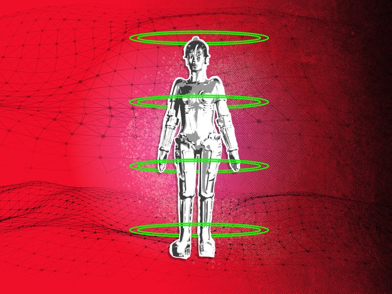 Der Maschinenmenschen aus dem Film "Metropolis" steht schwarz-weiß aufgerastert auf einem roten Hintergrund. Grüne Ringe umgeben ihn. Im Hintergrund ist ein Netz aus sich bewegenden Punkten und Linien. 