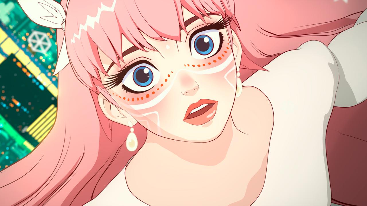 Der Avatar "Belle", ein junges Mädchen mit rosa Haaren, blickt mit aufgerissenen Augen in die Ferne.