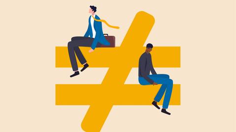 Illustration zweier Personen, eines weißen Mannes und einer POC, die auf einem mathematischen Ungleichtheitszeichen sitzen.