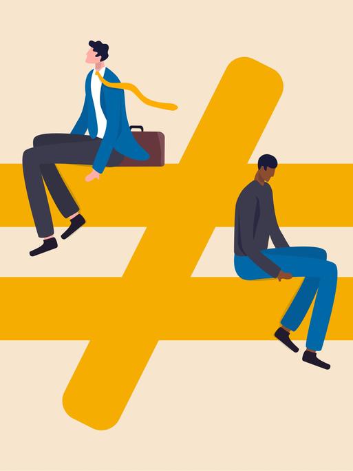 Illustration zweier Personen, eines weißen Mannes und einer POC, die auf einem mathematischen Ungleichtheitszeichen sitzen.
