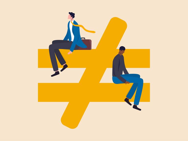 Illustration zweier Personen, eines weißen Mannes und einer POC, die auf einem mathematischen Ungleichtheitszeichen sitzen.