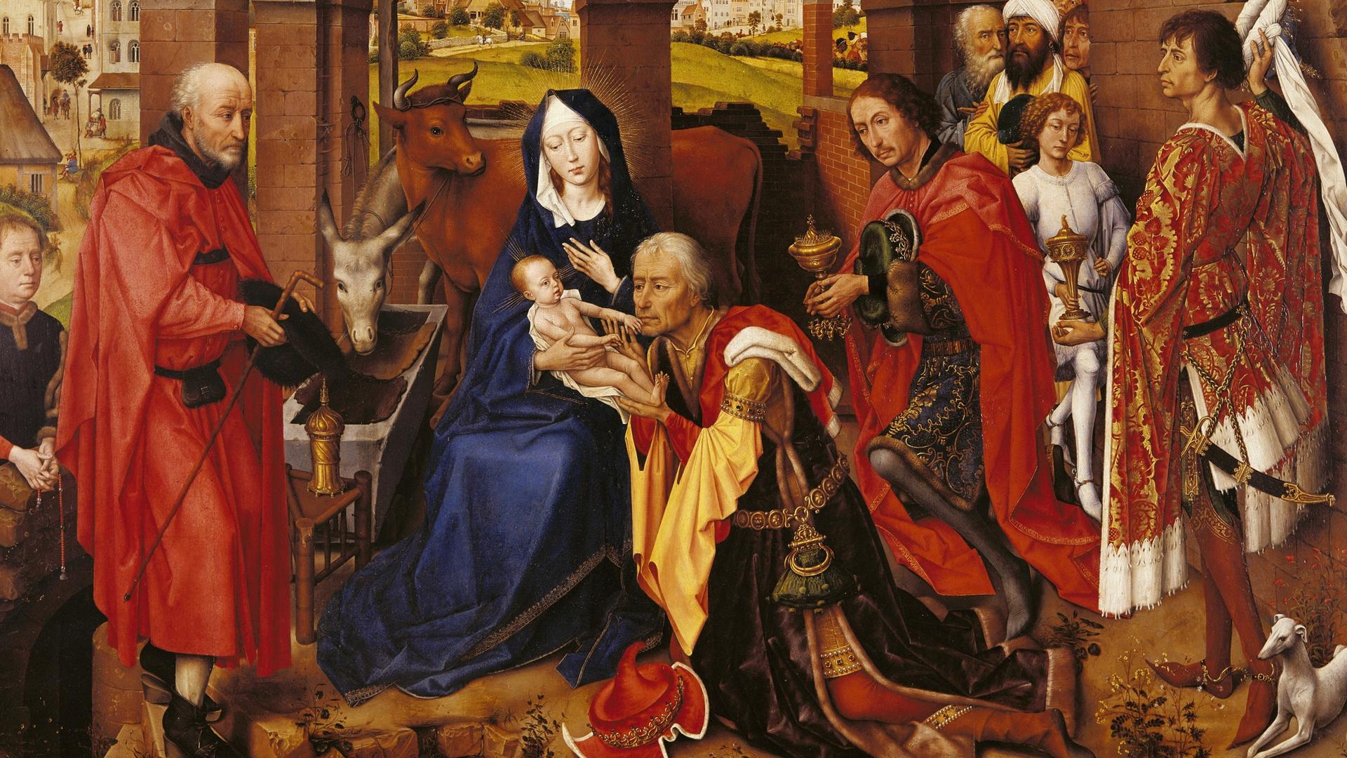 Die "Anbetung der Könige" ist Teil des 1455 vollendeten Dreikönigsaltars von Rogier van der Weyden. Das Jesuskind wird von Maria gehalten und von drei prächtig gekleideten Männern, den Königen, ehrfürchtig angeblickt.
