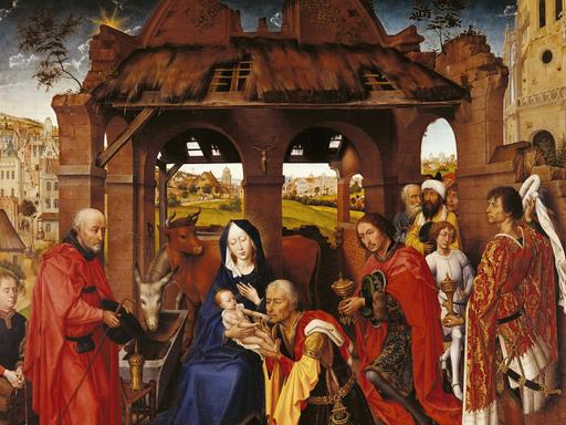 Die "Anbetung der Könige" ist Teil des 1455 vollendeten Dreikönigsaltars von Rogier van der Weyden. Das Jesuskind wird von Maria gehalten und von drei prächtig gekleideten Männern, den Königen, ehrfürchtig angeblickt.