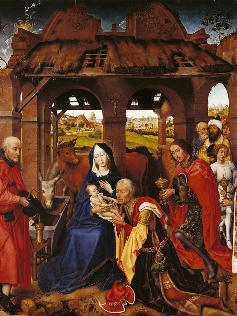 Die "Anbetung der Könige" ist Teil des 1455 vollendeten Dreikönigsaltars von Rogier van der Weyden. Das Jesuskind wird von Maria gehalten und von drei prächtig gekleideten Männern, den Königen, ehrfürchtig angeblickt.