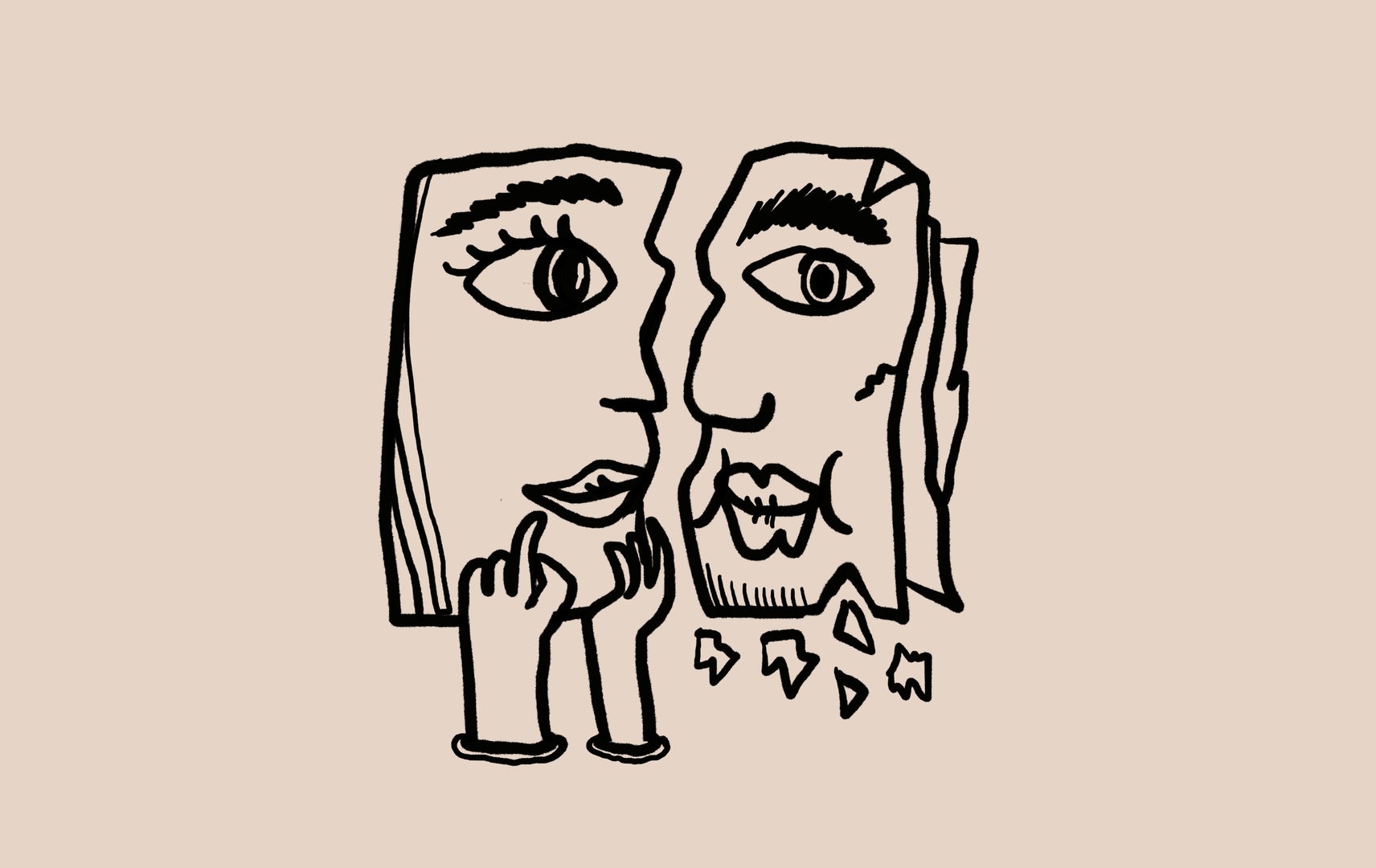 Skizze von zwei nebeneinanderstehenden Gesichtsprofilien, einander zugewabdt, das linke wird von zwei Händen gestützt, das rechte sieht so als, als würde etwas davon abbröckeln