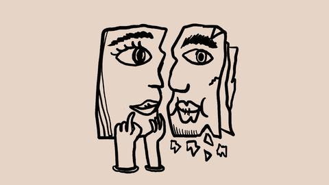 Skizze von zwei nebeneinanderstehenden Gesichtsprofilien, einander zugewabdt, das linke wird von zwei Händen gestützt, das rechte sieht so als, als würde etwas davon abbröckeln