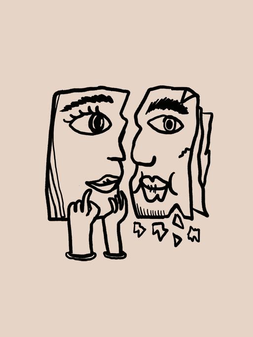 Skizze von zwei nebeneinanderstehenden Gesichtsprofilien, einander zugewabdt, das linke wird von zwei Händen gestützt, das rechte sieht so als, als würde etwas davon abbröckeln
