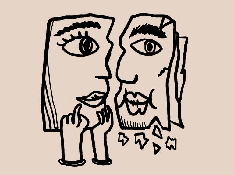 Skizze von zwei nebeneinanderstehenden Gesichtsprofilien, einander zugewabdt, das linke wird von zwei Händen gestützt, das rechte sieht so als, als würde etwas davon abbröckeln