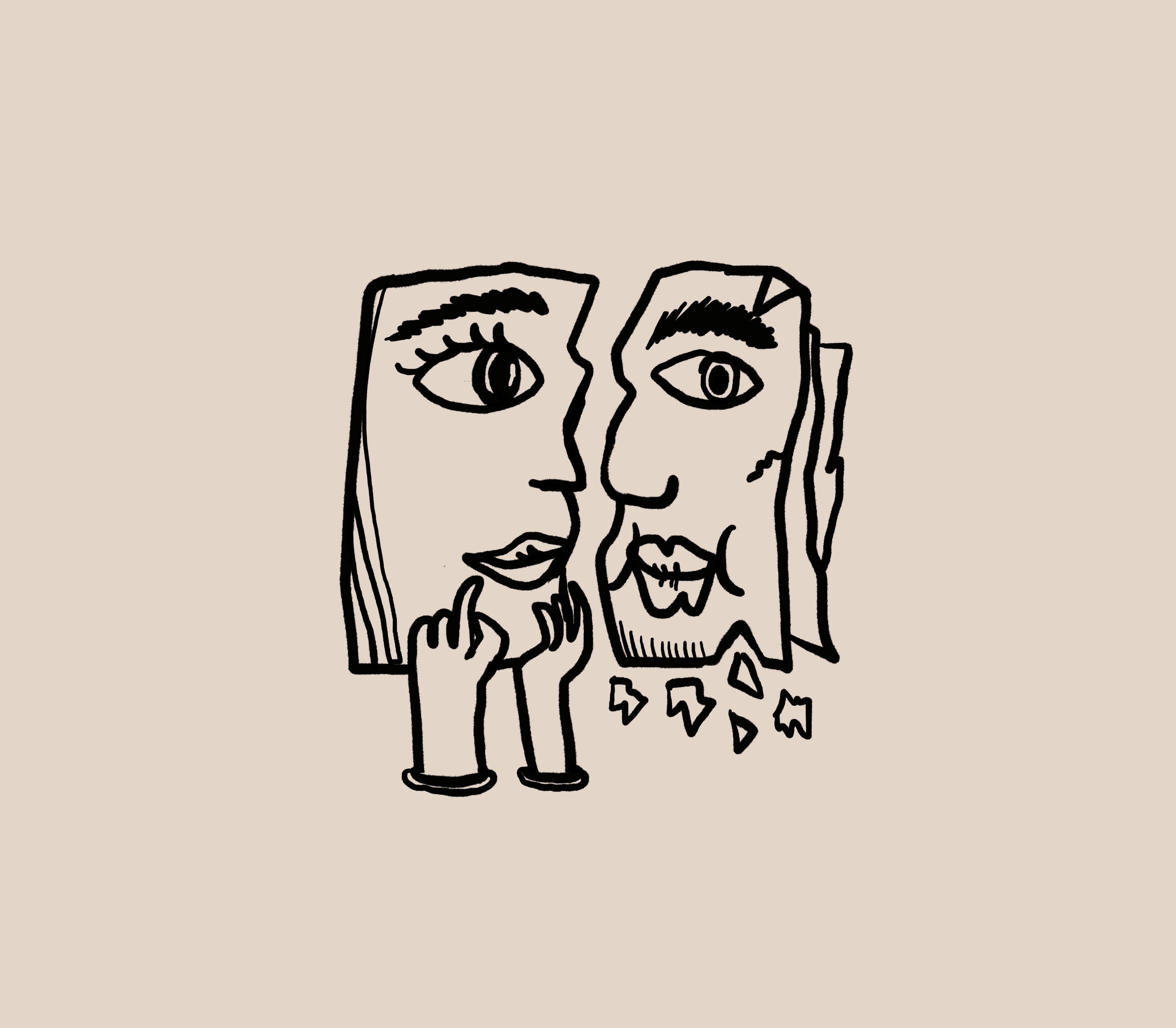 Skizze von zwei nebeneinanderstehenden Gesichtsprofilien, einander zugewabdt, das linke wird von zwei Händen gestützt, das rechte sieht so als, als würde etwas davon abbröckeln