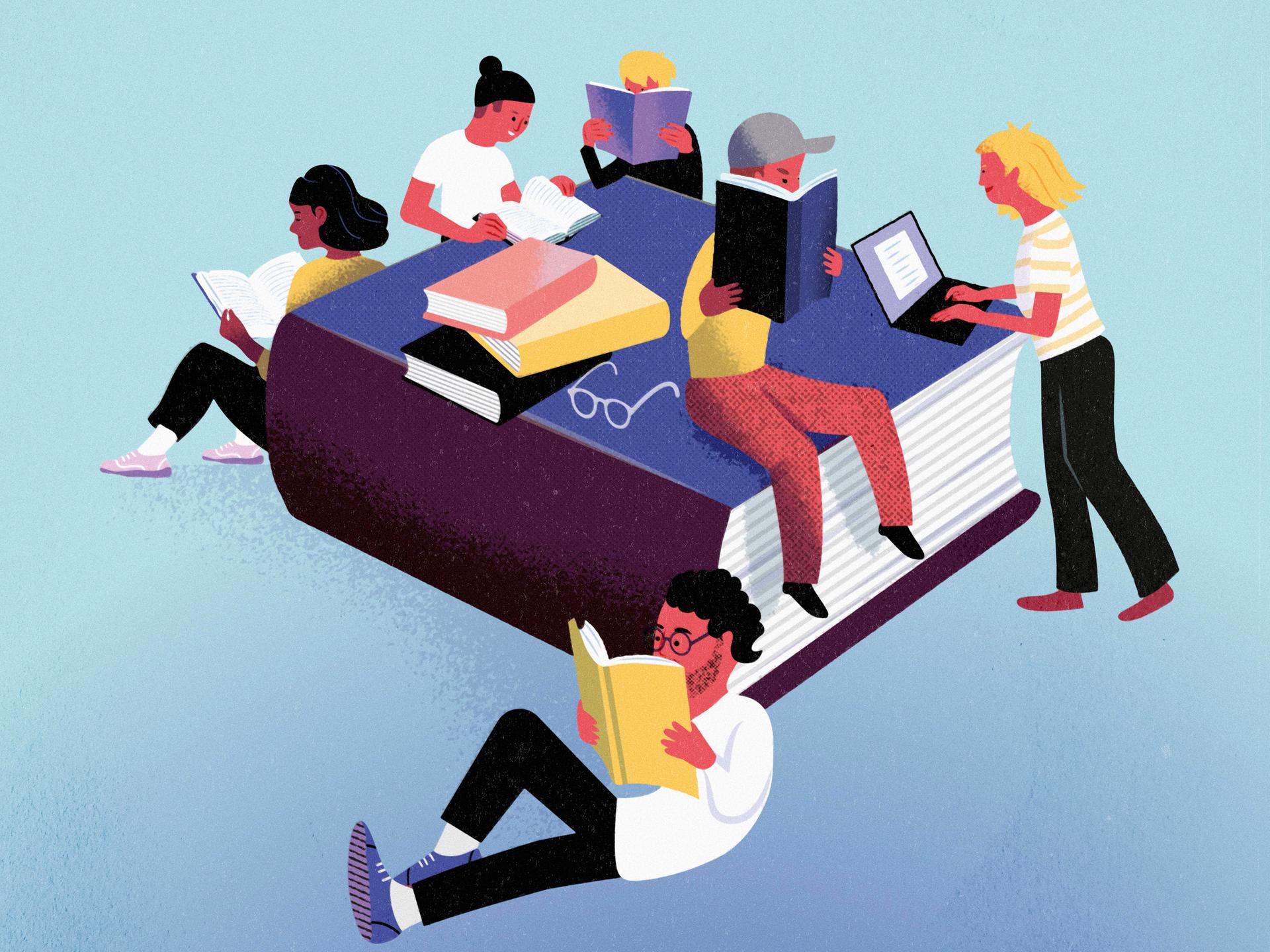 Illustration: Divers aussehende Menschen genießen das Lesen um ein großes Buch herum