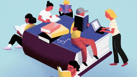 Illustration: Divers aussehende Menschen genießen das Lesen um ein großes Buch herum