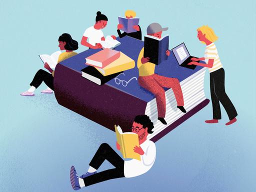 Illustration: Divers aussehende Menschen genießen das Lesen um ein großes Buch herum