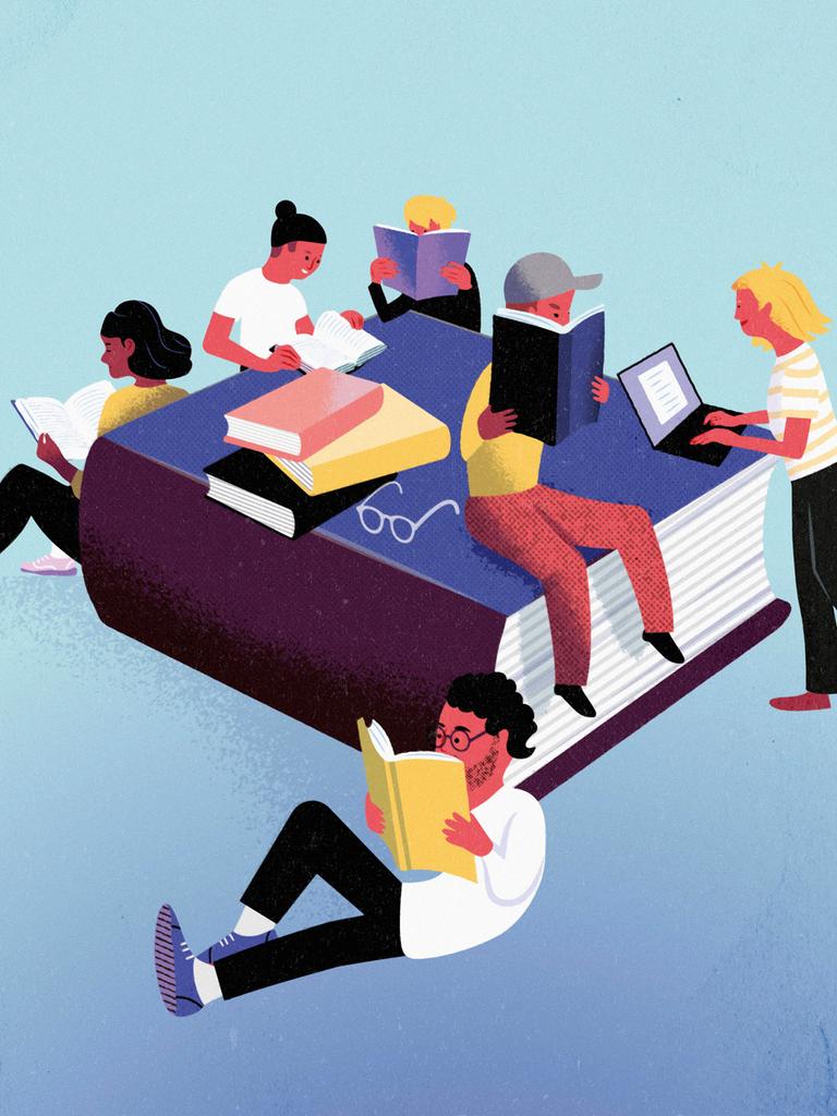 Illustration: Divers aussehende Menschen genießen das Lesen um ein großes Buch herum