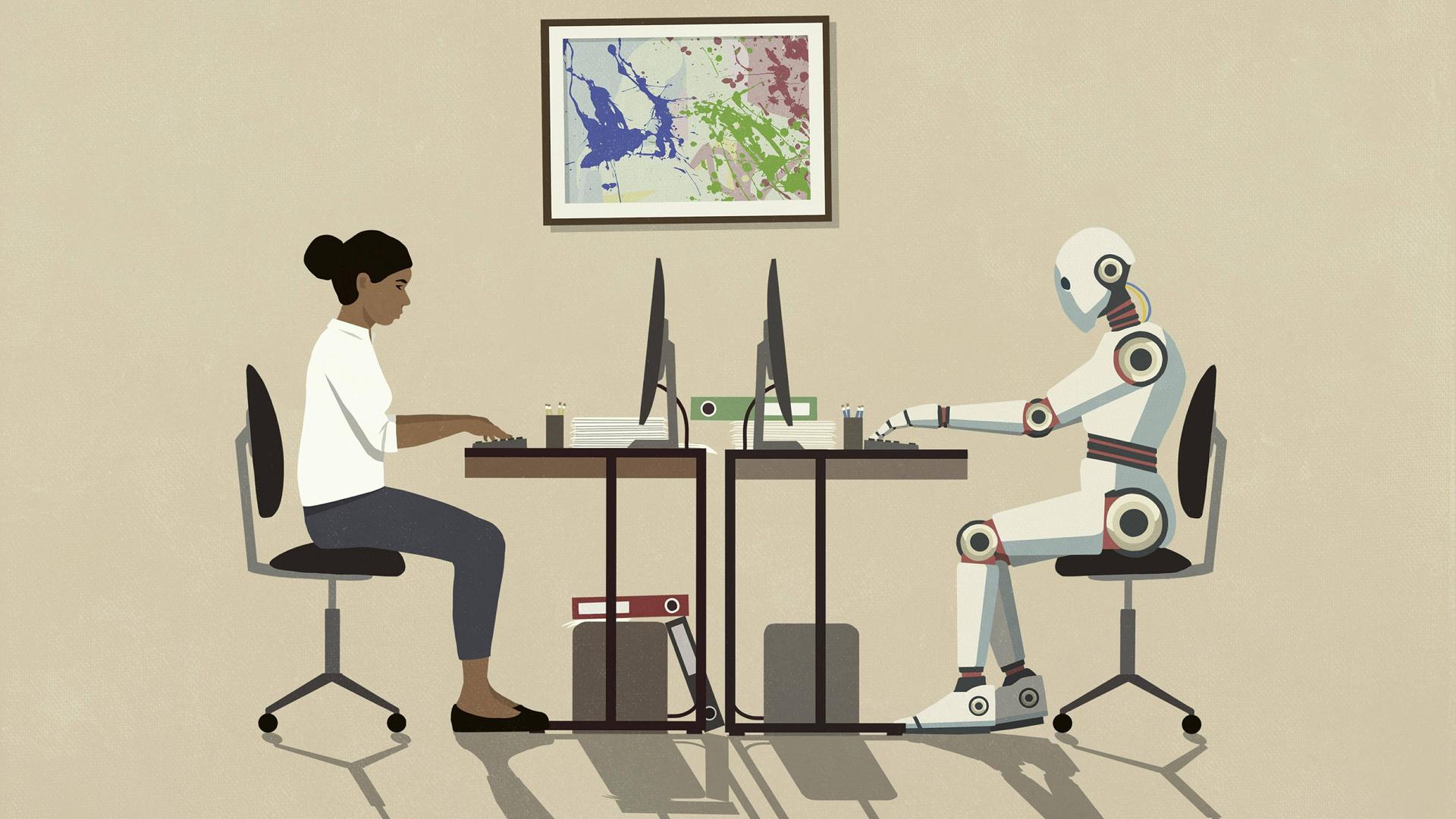 Eine Illustration im minimalistischen Stil zeigt eine Frau und einen Roboter, die an einem gemeinsamen Schreibtisch an ihren Computern arbeiten Eine Illustration im minimalistischen Stil zeigt eine Frau und einen Roboter, die an einem gemeinsamen Schreibtisch an ihren Computern arbeiten
