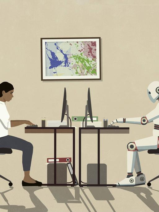 Eine Illustration im minimalistischen Stil zeigt eine Frau und einen Roboter, die an einem gemeinsamen Schreibtisch an ihren Computern arbeiten