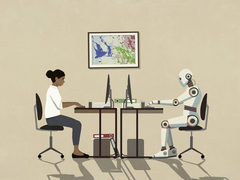Eine Illustration im minimalistischen Stil zeigt eine Frau und einen Roboter, die an einem gemeinsamen Schreibtisch an ihren Computern arbeiten