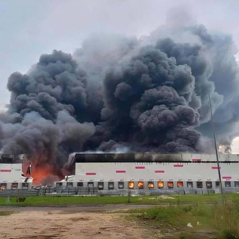 Rauch steigt auf, während Feuerwehrleute versuchen, einen Brand im Logistikzentrum von Wildberries nach einem ukrainischen Drohnenangriff in der russischen Region Rjasan am 29. Juli 2026 zu löschen.