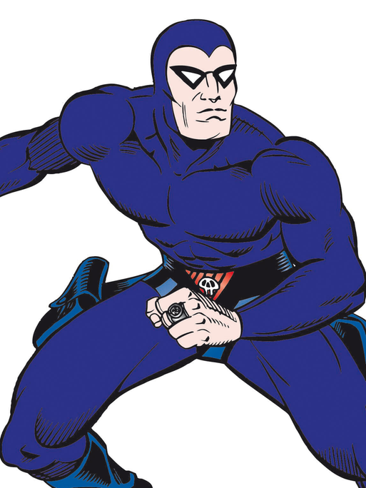 Comiczeichnung des Phantom: Ein muskulärer Mann mit Maske und hautengem lila Ganzkörperanzug.
Comiczeichnung des Phantom: Ein muskulärer Mann mit Maske und hautengem lila Ganzkörperanzug.