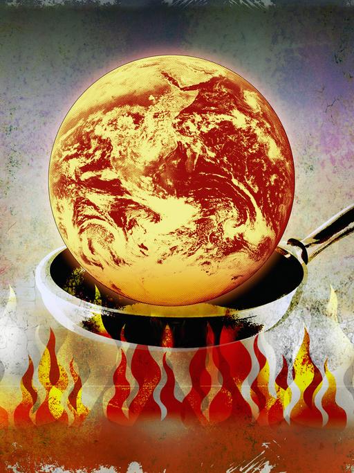 Illustration: Brennender Globus in einer Pfanne über Flammen.