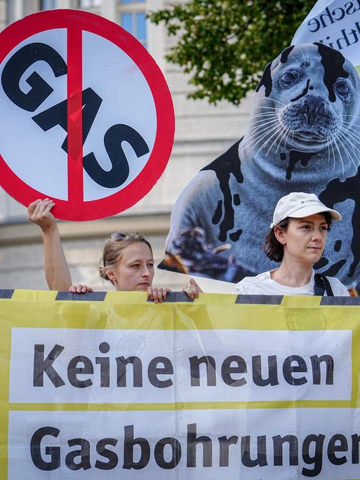 Demonstranten halten mehrere Schilder hoch, darunter ein Stoppschild mit der zusätzlichen Aufschrift Gas und das Bild einer ölverschmierten Robbe. Vor ihnen ist ein Transparent zu sehen, auf dem steht: "Keine neuen Gasbohrungen."