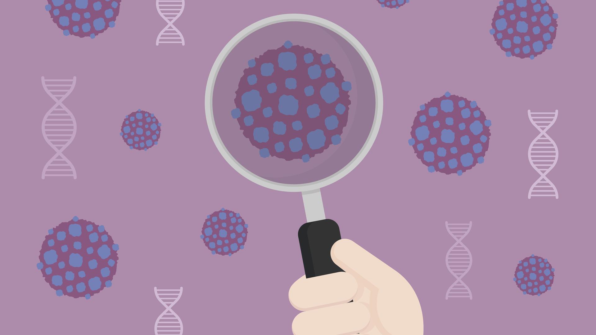 Grafische Darstellung einer Hand mit Mikroskop, das eine Krebszelle vergrößert vor lila Hintergrund