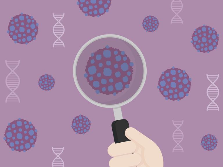 Grafische Darstellung einer Hand mit Mikroskop, das eine Krebszelle vergrößert vor lila Hintergrund