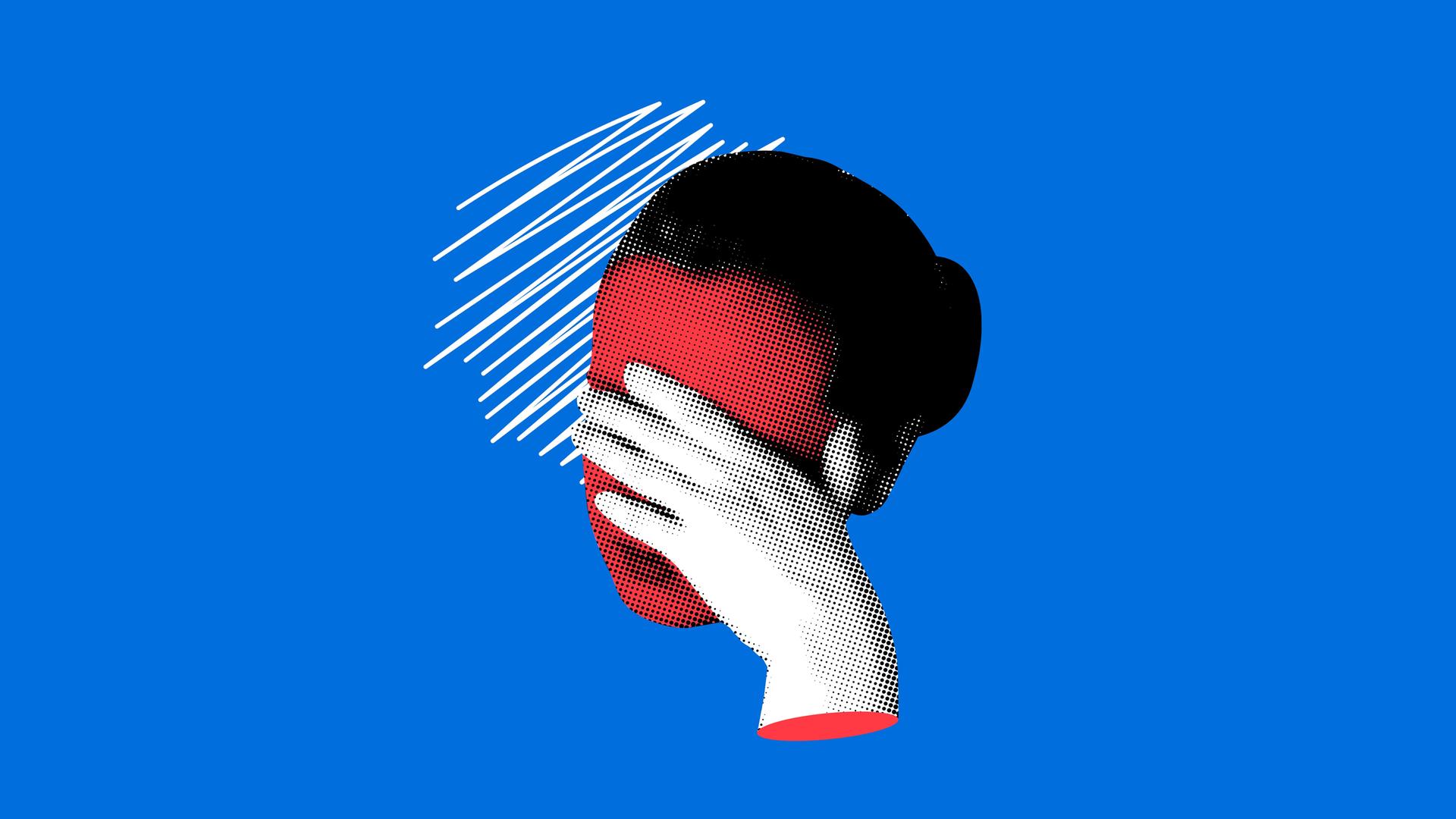 Eine illustrative Collage zeigt ein Frauenantlitz hinter vogehaltener Hand.