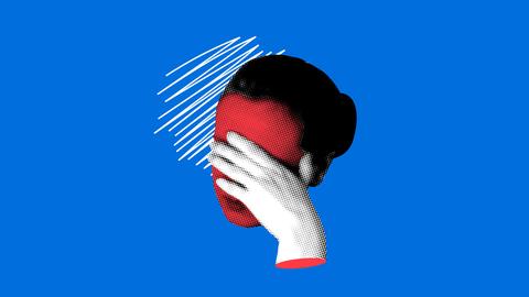 Eine illustrative Collage zeigt ein Frauenantlitz hinter vogehaltener Hand.