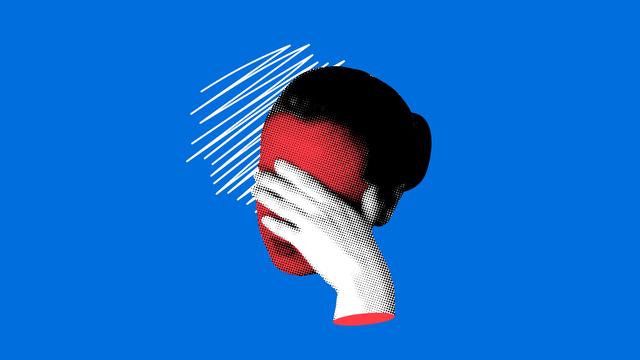 Eine illustrative Collage zeigt ein Frauenantlitz hinter vogehaltener Hand.