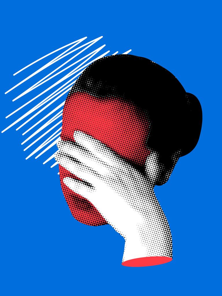 Eine illustrative Collage zeigt ein Frauenantlitz hinter vogehaltener Hand.
