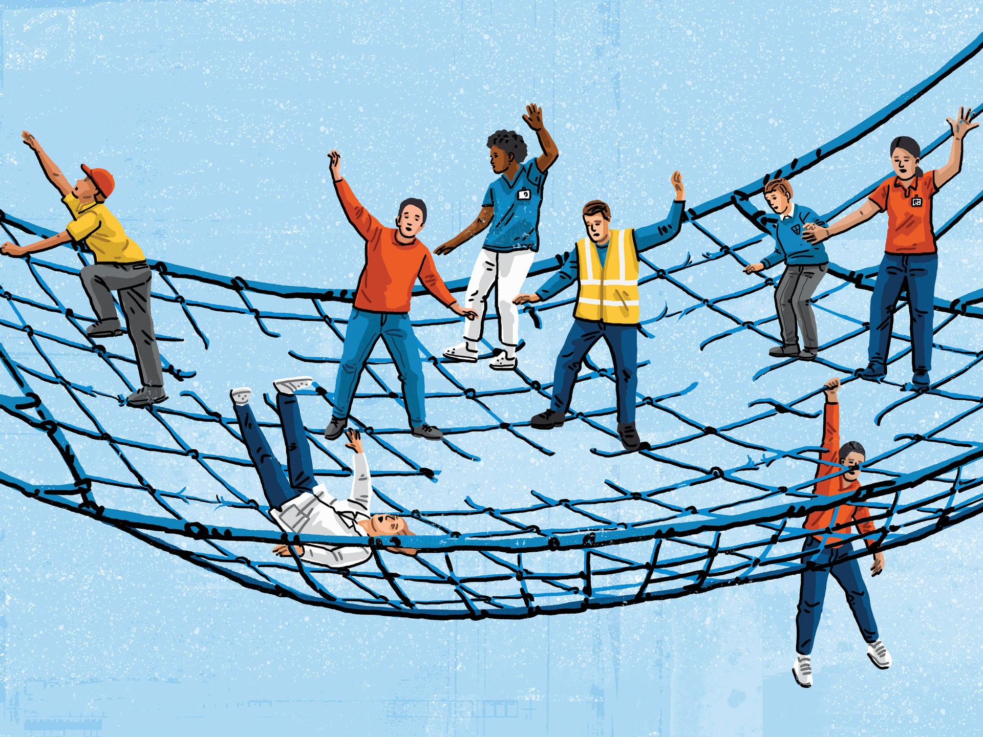 Illustration: Manche halten sich noch eben im Sicherungsnetz, andere fallen durch Löcher in diesem.