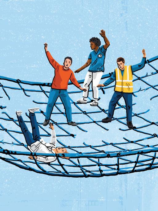 Illustration: Manche halten sich noch eben im Sicherungsnetz, andere fallen durch Löcher in diesem.